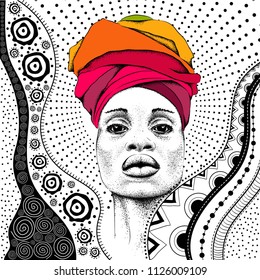 African woman with African in turban, tribal background. Beautiful black woman. Vector illustration