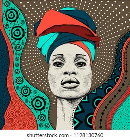 African woman with African in turban, tribal background. Beautiful black woman. Vector illustration