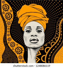 African Woman With African In Turban, Tribal Background. Beautiful Black Woman. Vector Illustration