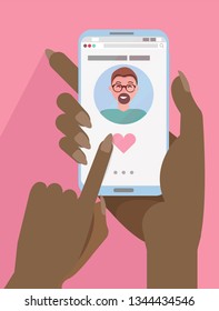 African woman two hands hold smartphone with Online dating app on screen. Online dating, long distance relationship. Finger presses heart button. Handsome man profile. Flat cartoon vector illustration