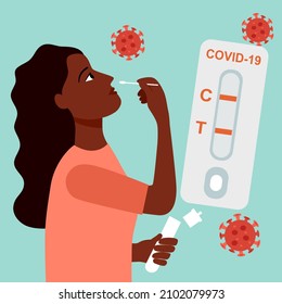 Afrikanische Frau, die COVID-19-Antigenschnelle Testkit zur Überprüfung des Coronavirus-Konzepts, Vektorgrafik, verwendet.