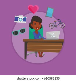 African woman using laptop for online shopping. Woman doing online shopping. Woman buying in online shop. Girl buying on internet Vector flat design illustration in the circle isolated on background