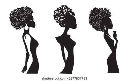 African woman. Vector illustration of female from Africa. Silhouette svg, only black and white.