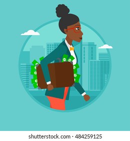 An african woman walking with briefcase full of money on a city background. Woman hugging briefcase with money. Corruption concept. Vector flat design illustration in the circle isolated on background