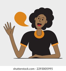 African woman waving hand, talking to camera, sitting at cafe table, video calls, blog post, portrait with head
