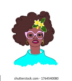 African woman wearing glasses and earrings in fashion outfit with flowers in hair vector sketch