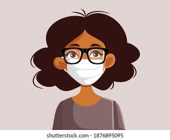 African Woman Wearing Glasses and Medical Face Mask. Portrait of a girl wearing ppe having her  eyeglasses fogging  up
