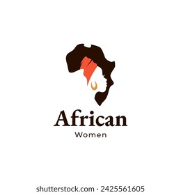 African woman wearing head cloth or dhuku with African continent shape design in flat vector logo design style