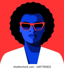 African woman wearing suit and sunglasses. Abstract portrait of business woman. Vector illustration