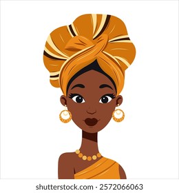 African woman wearing traditional golden headwrap, matching jewelry, graceful expression on white background. Symbolic vector illustration in honor of African traditions and roots. For social banners.