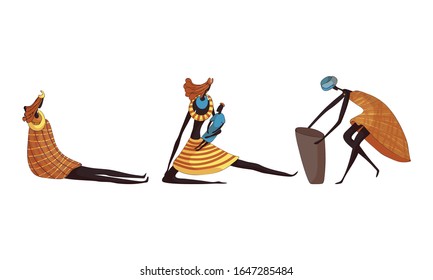 African Woman Wearing Tribal Clothing and Necklace Sitting on the Ground Vector Set