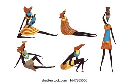 African Woman Wearing Tribal Clothing Carrying Heavy Pottery Vessel on Her Head and Sitting Vector Set