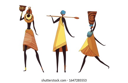 African Woman Wearing Tribal Clothing Carrying Heavy Pottery Vessel on Her Head Vector Set