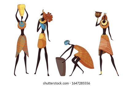 African Woman Wearing Tribal Clothing Carrying Heavy Pottery Vessel on Her Head Vector Set