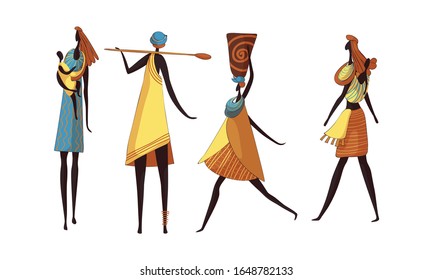 African Woman Wearing Tribal Clothing and Necklace Carrying Heavy Pottery Vessel and Holding Baby in Sling Vector Set