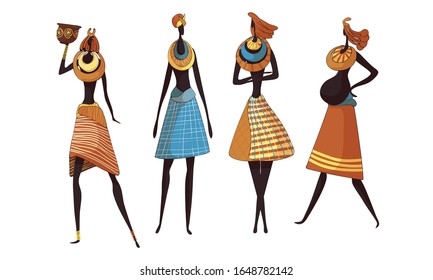 African Woman Wearing Tribal Clothing Carrying Heavy Pottery Vessel and Standing with Necklace on Their Necks Vector Set