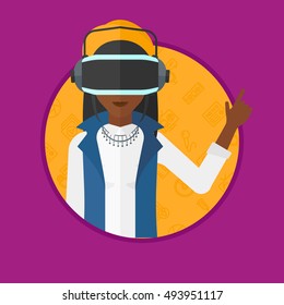 Eine afrikanische Frau mit einem Headset für virtuelle Realität. Frauen in Virtual-Reality-Headset, die beim Spielen von Videospielen mit dem Finger nach oben zeigen. Vektorflache Design-Illustration im Kreis einzeln auf Hintergrund – Stockvektorgrafik