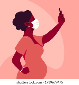 An African woman wears medical mask takes a selfie and holds smartphone in her hand. Pregnancy. Coronavirus. A mother. Side view. Vector flat illustration