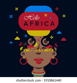 African Woman. Woman's Face in Decorative Bandage, with Earrings, Bright Makeup. Elements of Ethnic Clothing of the African Tribe. Hello Africa Symbol For Poster Or Placard Decoration.