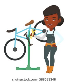 African woman working in bike workshop. Technician fixing bicycle. Bicycle mechanic repairing bicycle. Woman installing spare part bike. Vector flat design illustration isolated on white background.