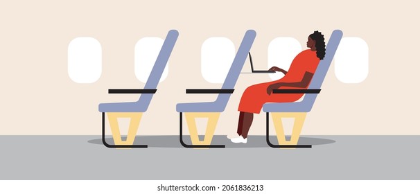African woman works in an airplane. Flat vector stock illustration. Freelance black person with laptop. Flight, travel, freelance concept. Passenger with a computer. Vector graphics