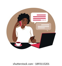 African woman works on a laptop computer and talks on the phone sitting at a table at home with a Cup of coffee and papers. Vector illustration. Flat.