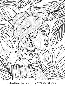 African woman zentangle. Coloring book antistress. Beautiful young girl in traditional jewelry and turban. Culture and ethnicity. Poster or banner in linear style. Cartoon flat vector illustration