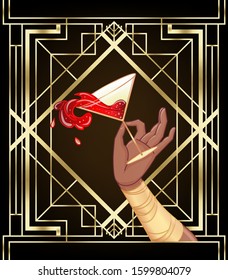 African woman's hand holding cocktail glass with  splash. Art deco (1920's style) vintage invitation template design for drink list, bar menu, glamour event, wedding, jazz party flyer. Vector art.