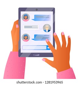 African womans hands holding a digital tablet with chat application. Vector 10 EPS illustration isolated on white background.