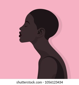 African woman's head in profile on a pink background. Avatar. Portrait of a girl. Vector Flat Illustration