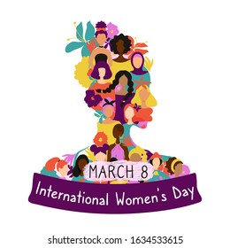 African woman's silhouette made of women's colorful figures of various nationalities and tropical flowers.With lettering for post card. International women's day, 8th March concept.