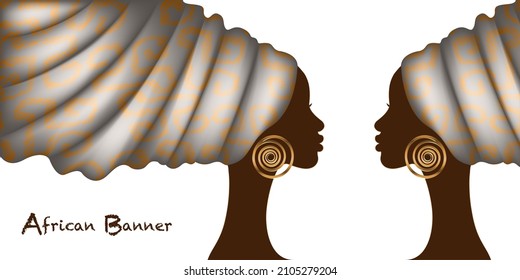 African women banner in fashion wax print turban, beauty of two twins. Black Woman portrait Afro hairstyles, hair dress concept. Africa ethnic template isolated on white background 