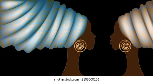 African women banner in fashion wax print turban, beauty of two twins. Black Woman portrait Afro hairstyles, hair dress concept. Africa ethnic template isolated on black background