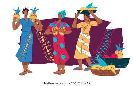 African women for Black history month, or culture of Africa concept. Ethnic diversity or Independence Day, banner for folk festivals and traditional products, flat vector illustration on white.