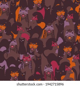 African women in carnival masks seamless pattern with black cats. Puzzle background 