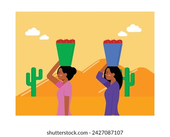 African women carrying lots of apples outdoors with mountain and cactus view. Character design. Vector flat illustration