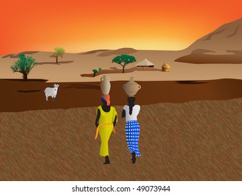 African Women  Carrying Water To The Village