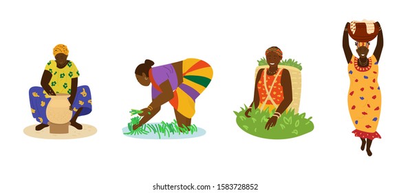 African Women In Colorful Dresses Working. Making Pottery, Working In Rice Field, Picking Tea, Carrying Big Jug With Laundry. Traditional Crafts, Manual Labor, Agriculture. Flat Hand Drawn Vector. 