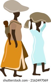 African Women In Colorful Dresses Working Vector Illustration. Black Women Carrying Bag Of Wheat On Heads. Manual Labor, Agriculture, Hunger In Africa. Wheat Grain For African People.