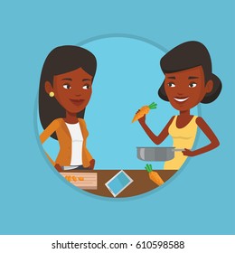 African women cooking healthy vegetable meal. Women having fun while cooking together healthy meal. Women preparing healthy meal. Vector flat design illustration in the circle isolated on background.