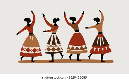 African women dancing in traditional clothing, inspired by folk art. A minimalist flat illustration representing culture
