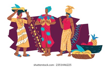 African women at decorative backdrop for travel and culture banners, flat vector illustration. African women for banner or poster to introduce African traditions and travel advertising.