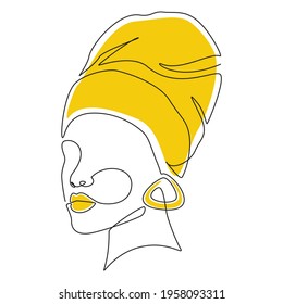 African women face in headwrap in one line drawing style. Minimalistic modern Portrait with turban for logo, emlem, print, poster and card. Simple Vector illustration