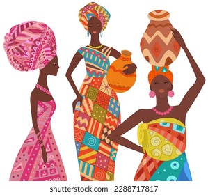 African women in fashion clothes isolated on a white background. Africa's female fashion collection of colorful costumes Cartoon vector illustration of beautiful girls