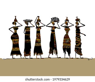 African women with jugs and food, wearing ethnic dresses. Art silhouette for your design