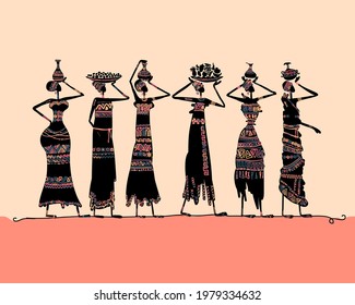 African women with jugs and food, wearing ethnic dresses. Art silhouette for your design