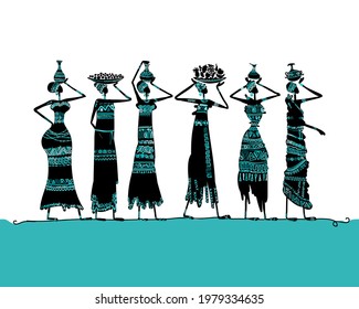 African women with jugs and food, wearing ethnic dresses. Art silhouette for your design