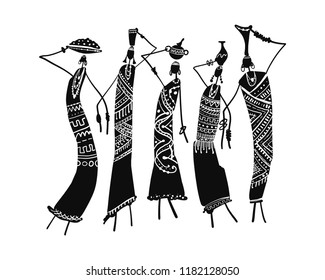African women with jugs, ornate sketch for your design