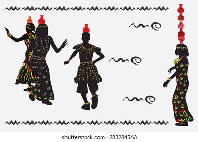 African women and a man dancing a folk dance with pitchers on their heads. Nearby stands a woman, she has a lot of pitchers on their heads.