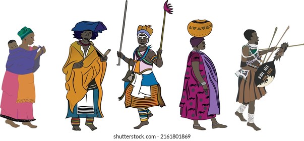 African women and men in national dress. South Africans, vector illustration. Beautiful outfits.